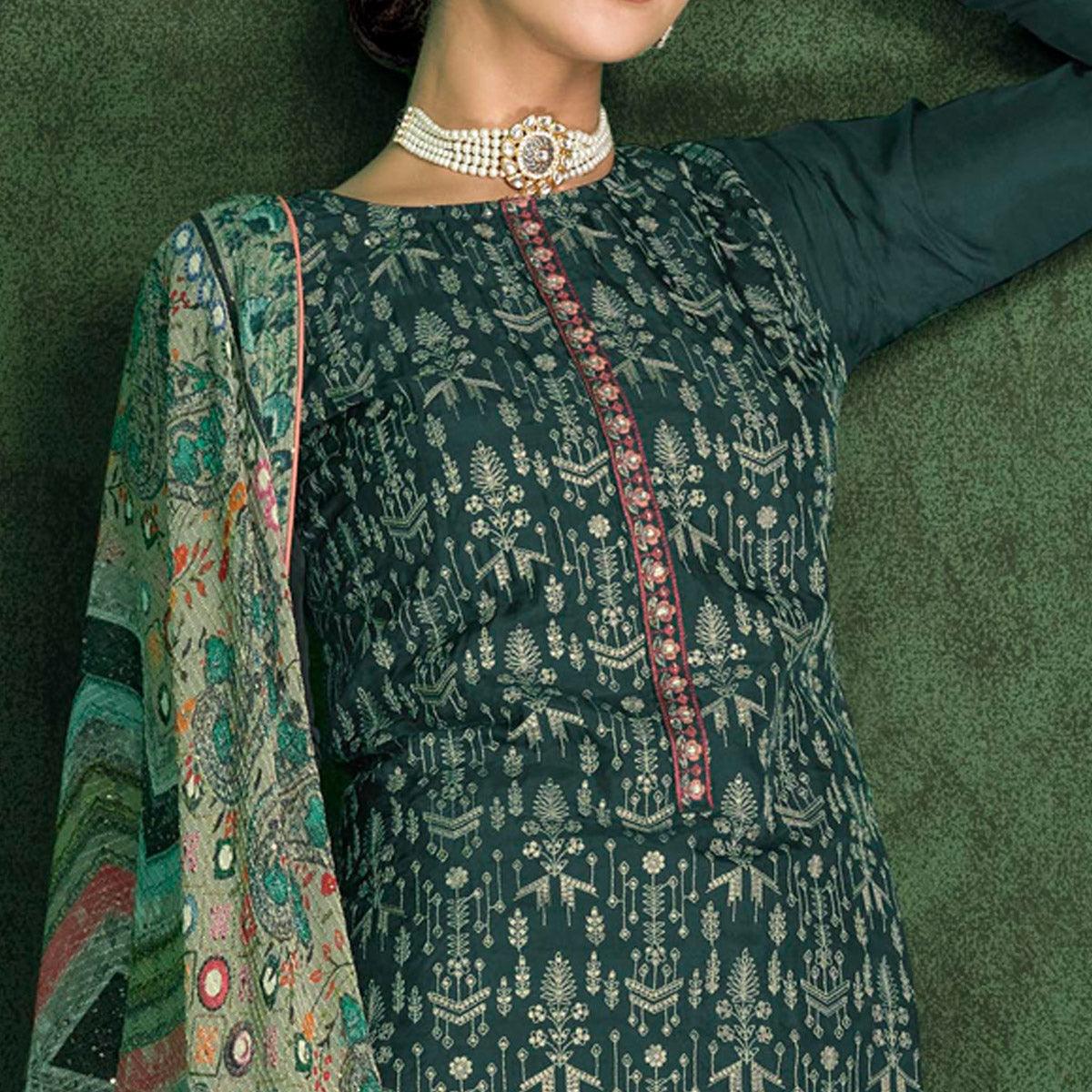 Green Embroidered Heavy Faux Georgette Partywear Suit - Peachmode