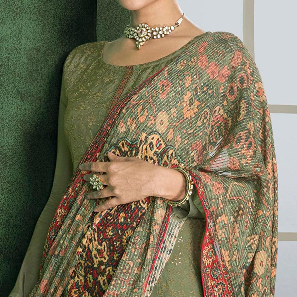 Green Embroidered Heavy Faux Georgette Partywear Suit - Peachmode