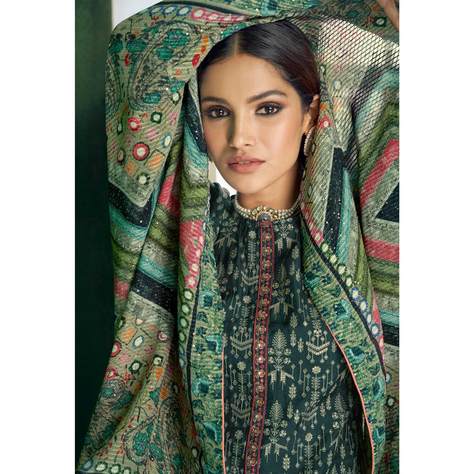 Green Embroidered Heavy Faux Georgette Partywear Suit - Peachmode