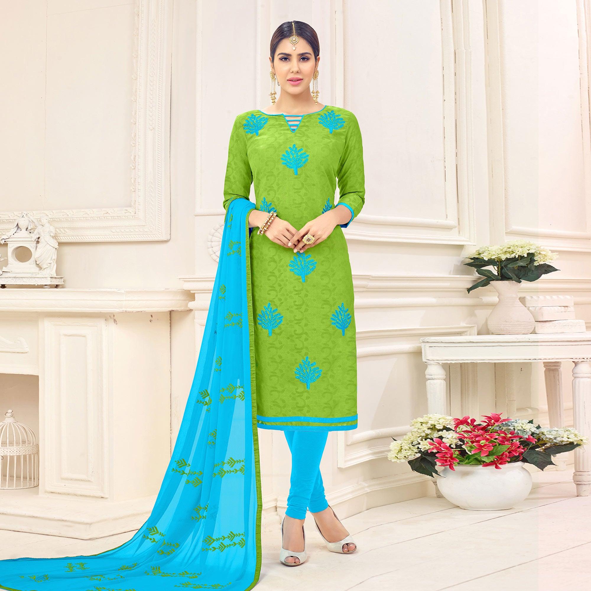 Green Embroidered Jacquard Salwar Suit - Peachmode