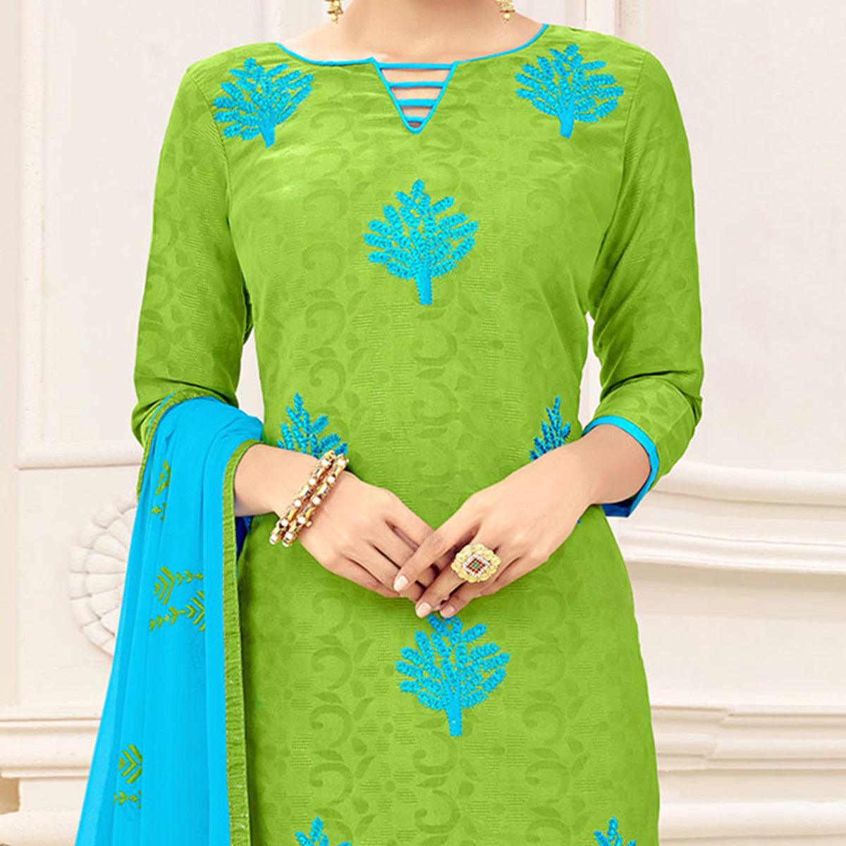 Green Embroidered Jacquard Salwar Suit - Peachmode