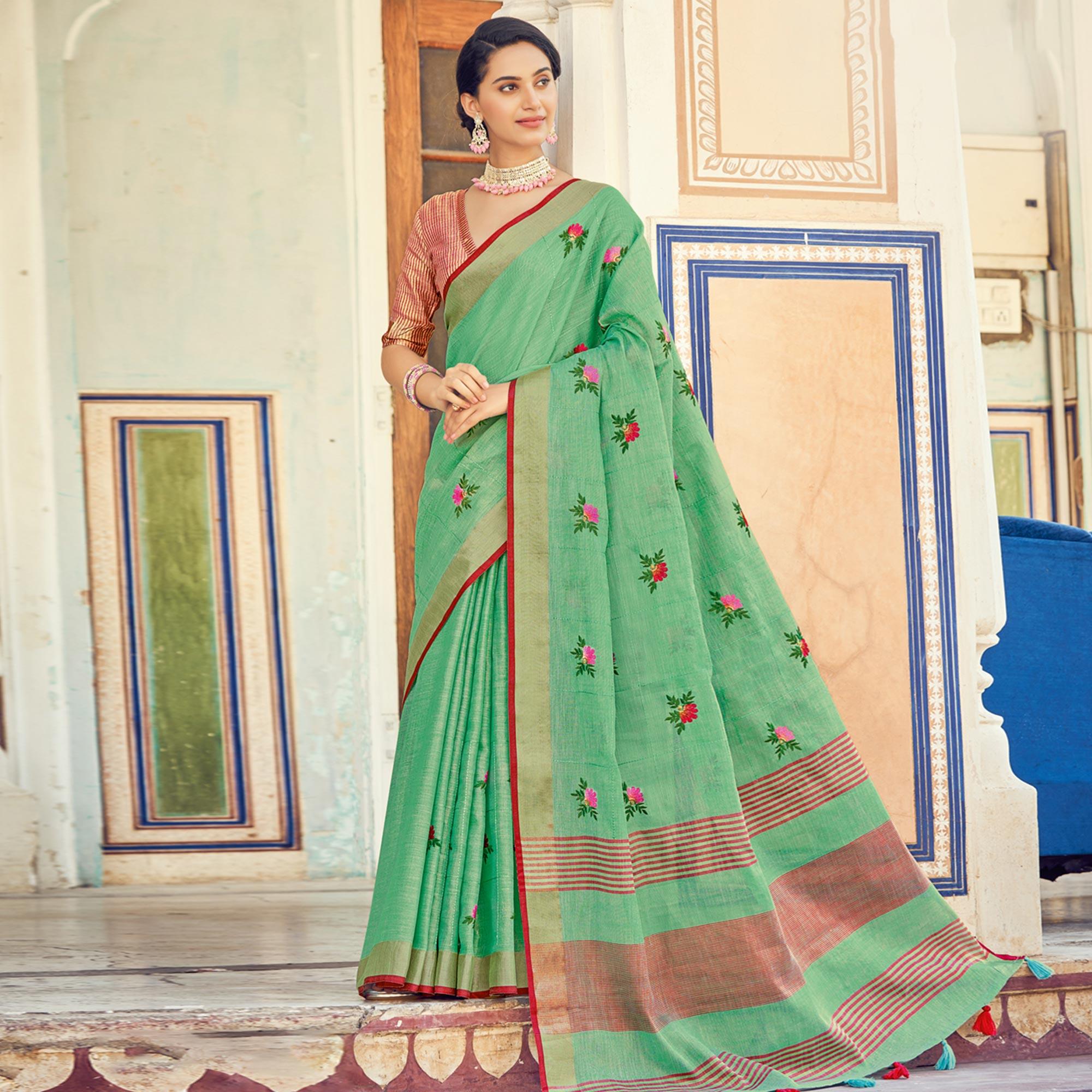 Green Embroidered Linen Saree With Tassels - Peachmode