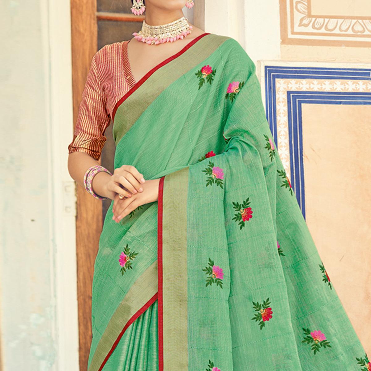 Green Embroidered Linen Saree With Tassels - Peachmode