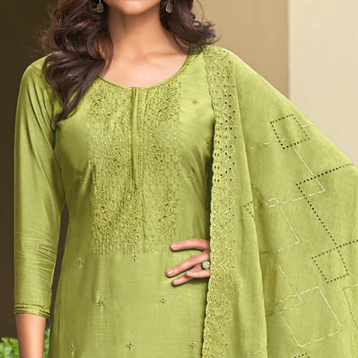 Green Embroidered Muslin Suit - Peachmode