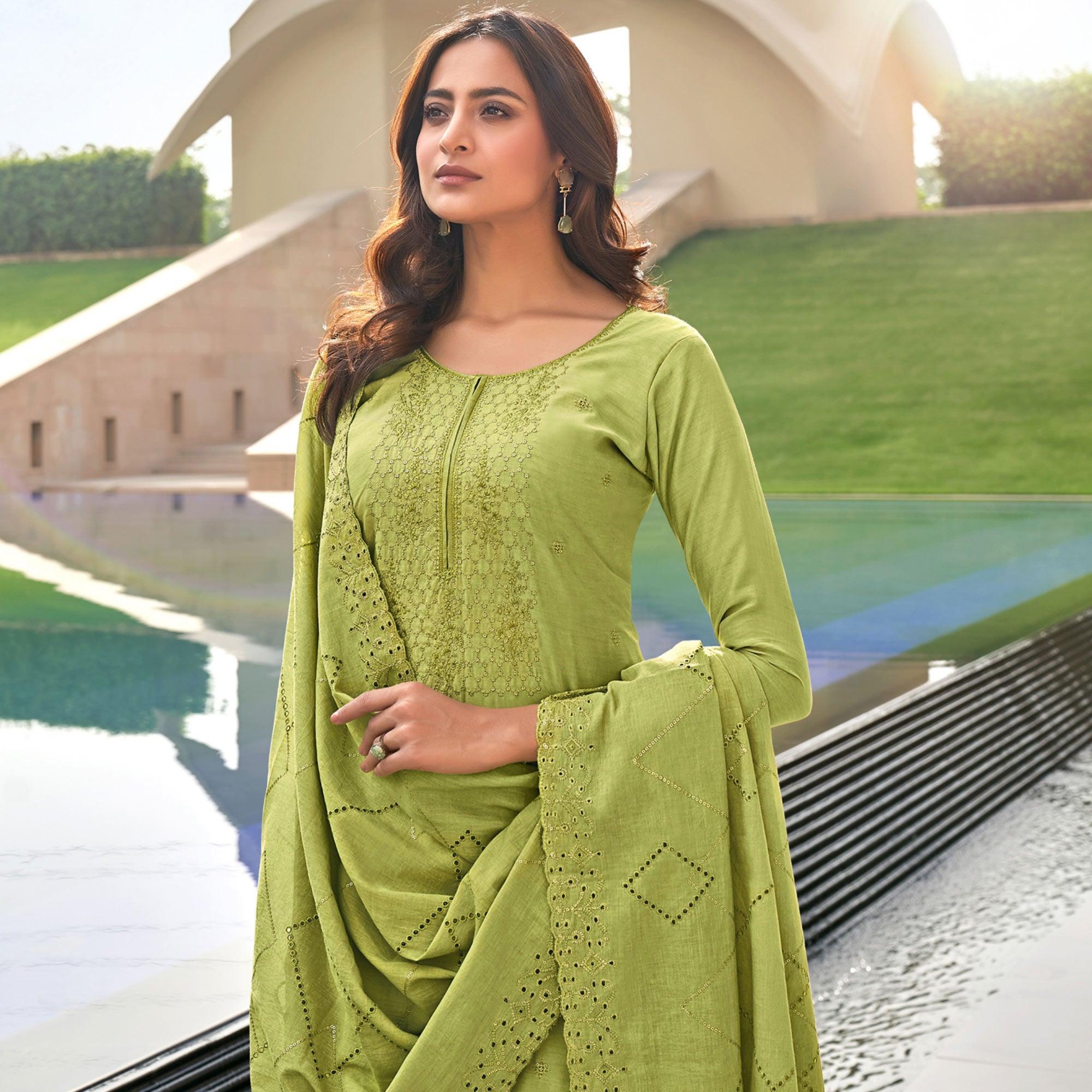 Green Embroidered Muslin Suit - Peachmode