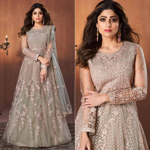 Green Embroidered Netted Anarkali Style Gown - Peachmode