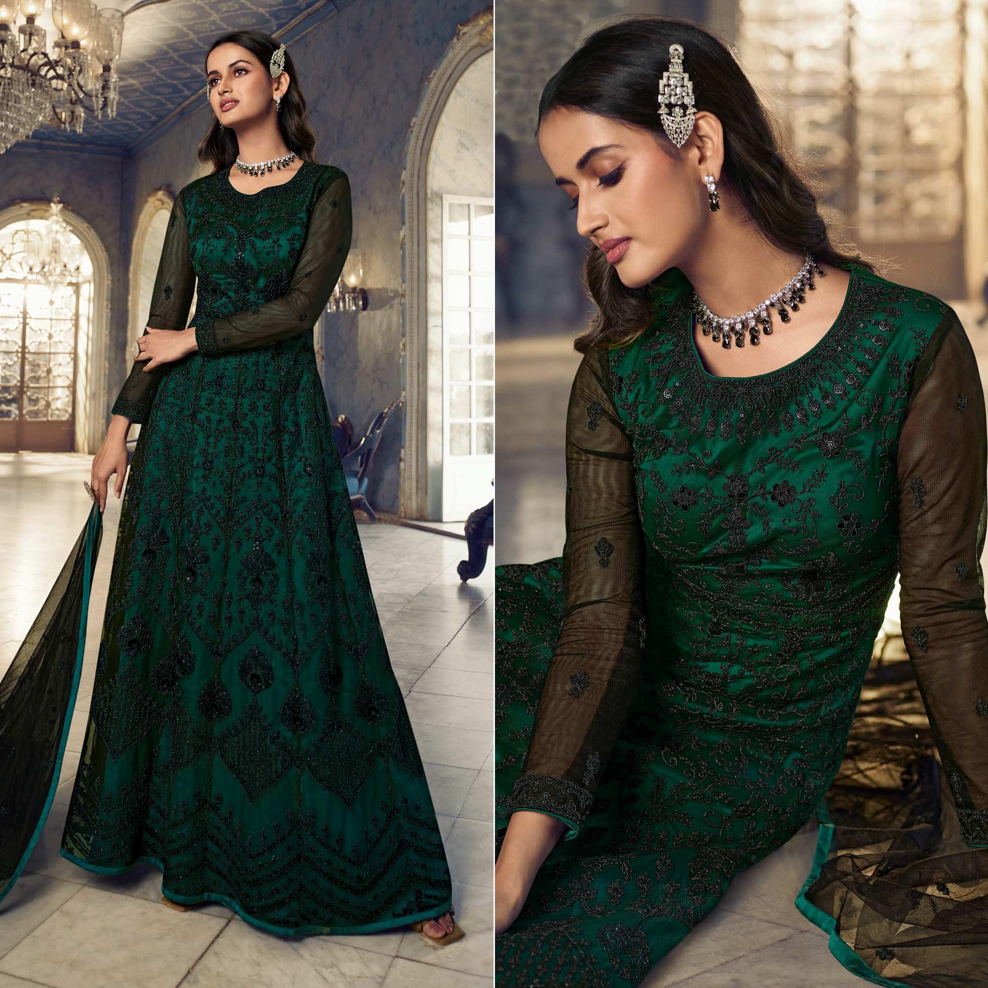 Green Embroidered Netted Anarkali Style Gown - Peachmode