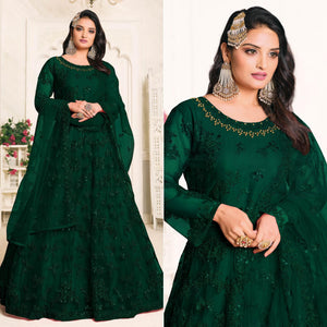 Green Embroidered Netted Anarkali Style Gown - Peachmode