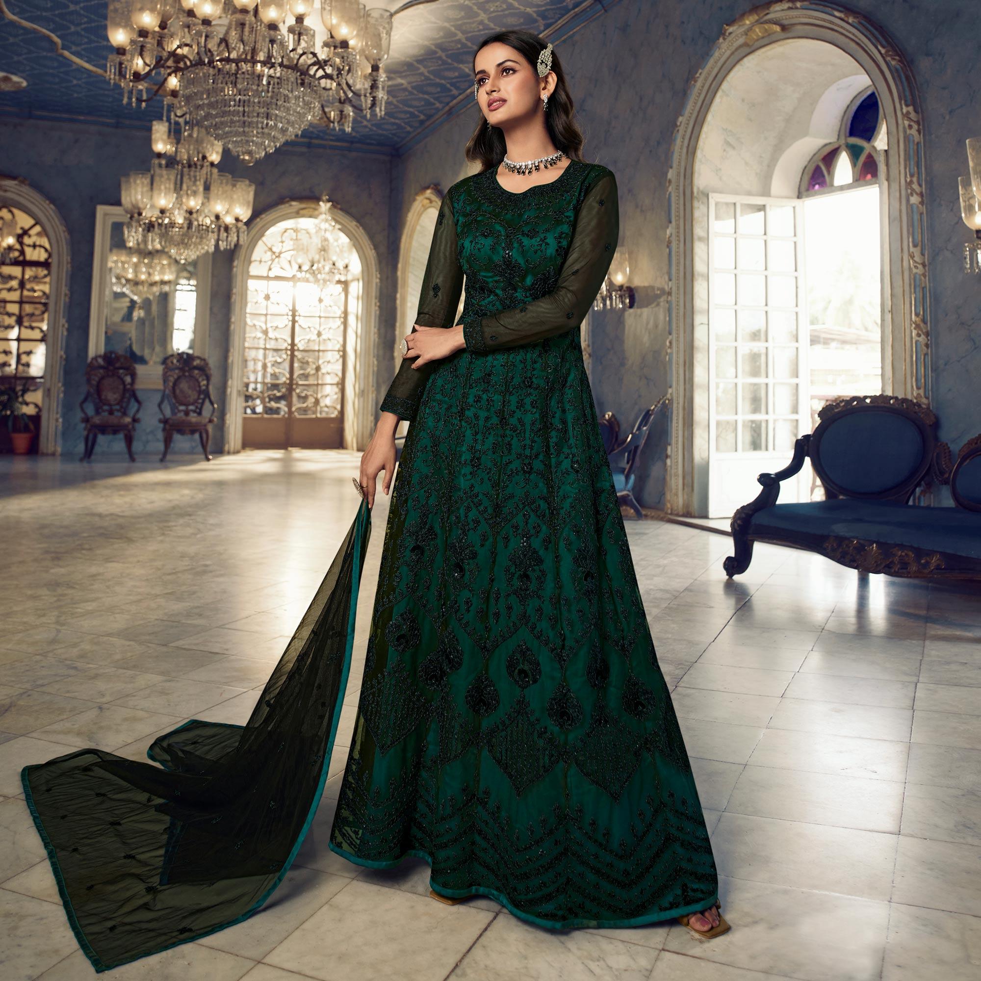 Green Embroidered Netted Anarkali Style Gown - Peachmode