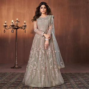 Green Embroidered Netted Anarkali Style Gown - Peachmode