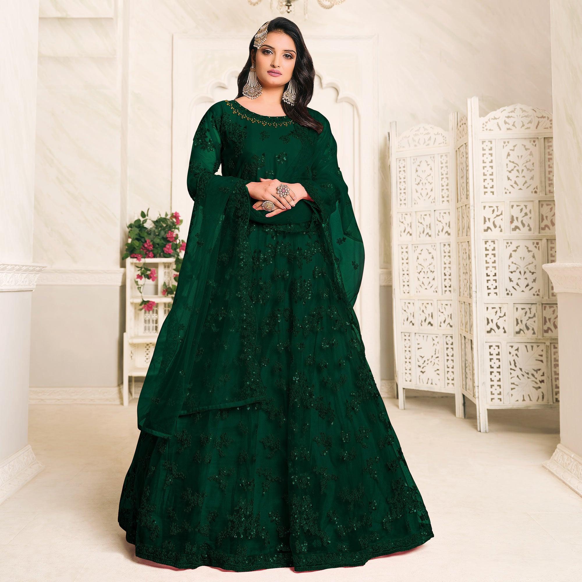 Green Embroidered Netted Anarkali Style Gown - Peachmode
