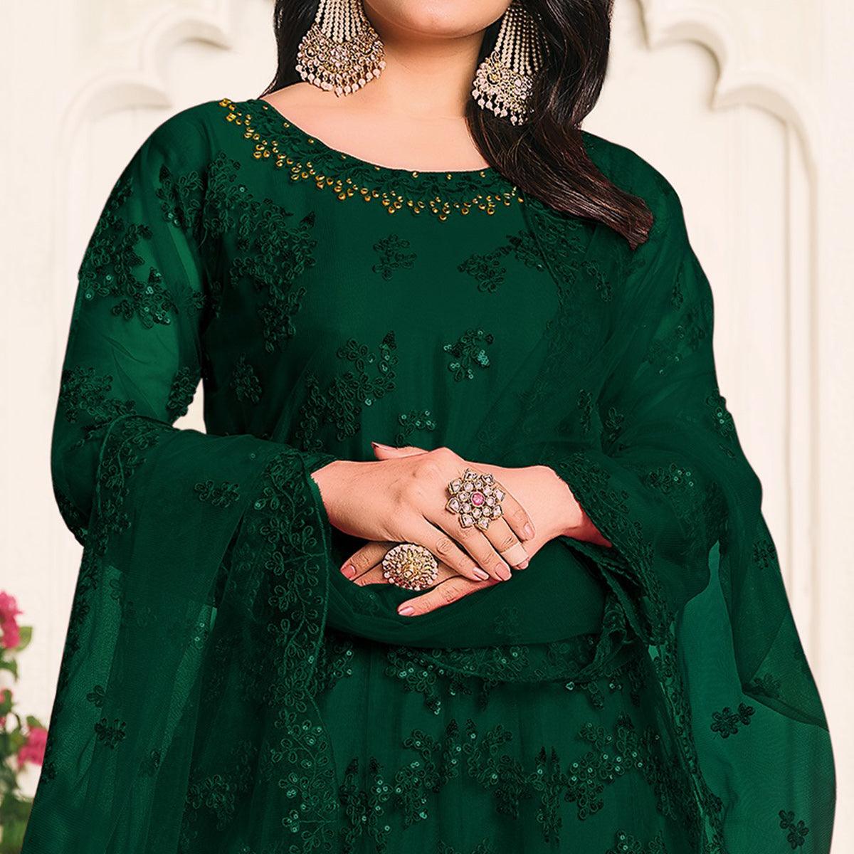 Green Embroidered Netted Anarkali Style Gown - Peachmode