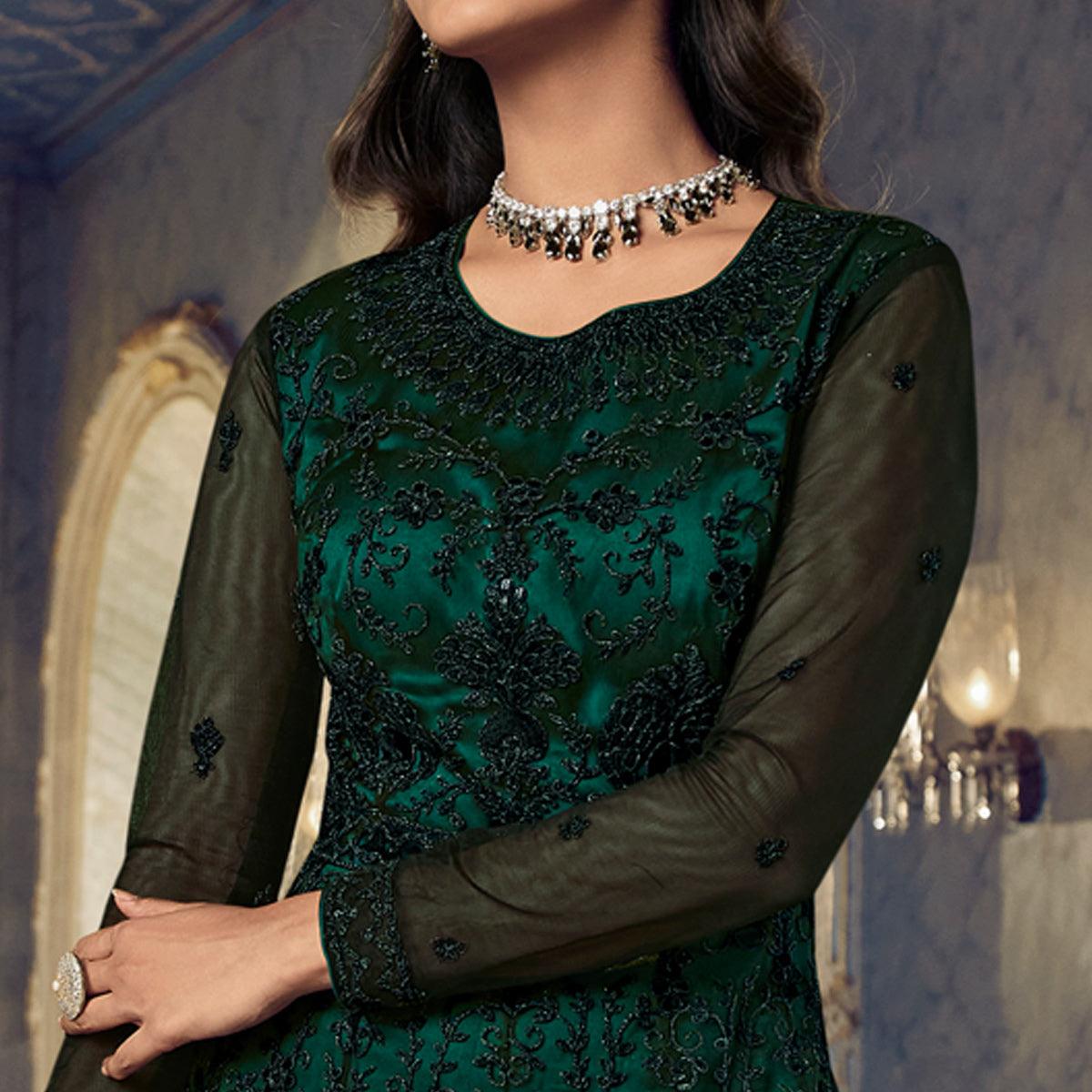 Green Embroidered Netted Anarkali Style Gown - Peachmode