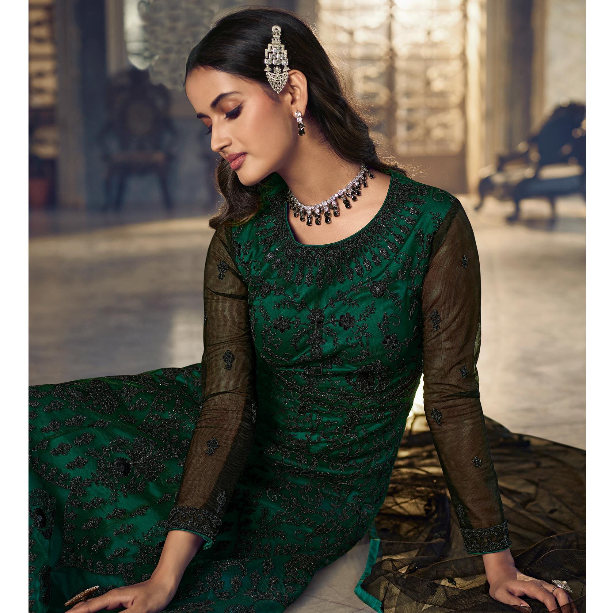 Green Embroidered Netted Anarkali Style Gown - Peachmode