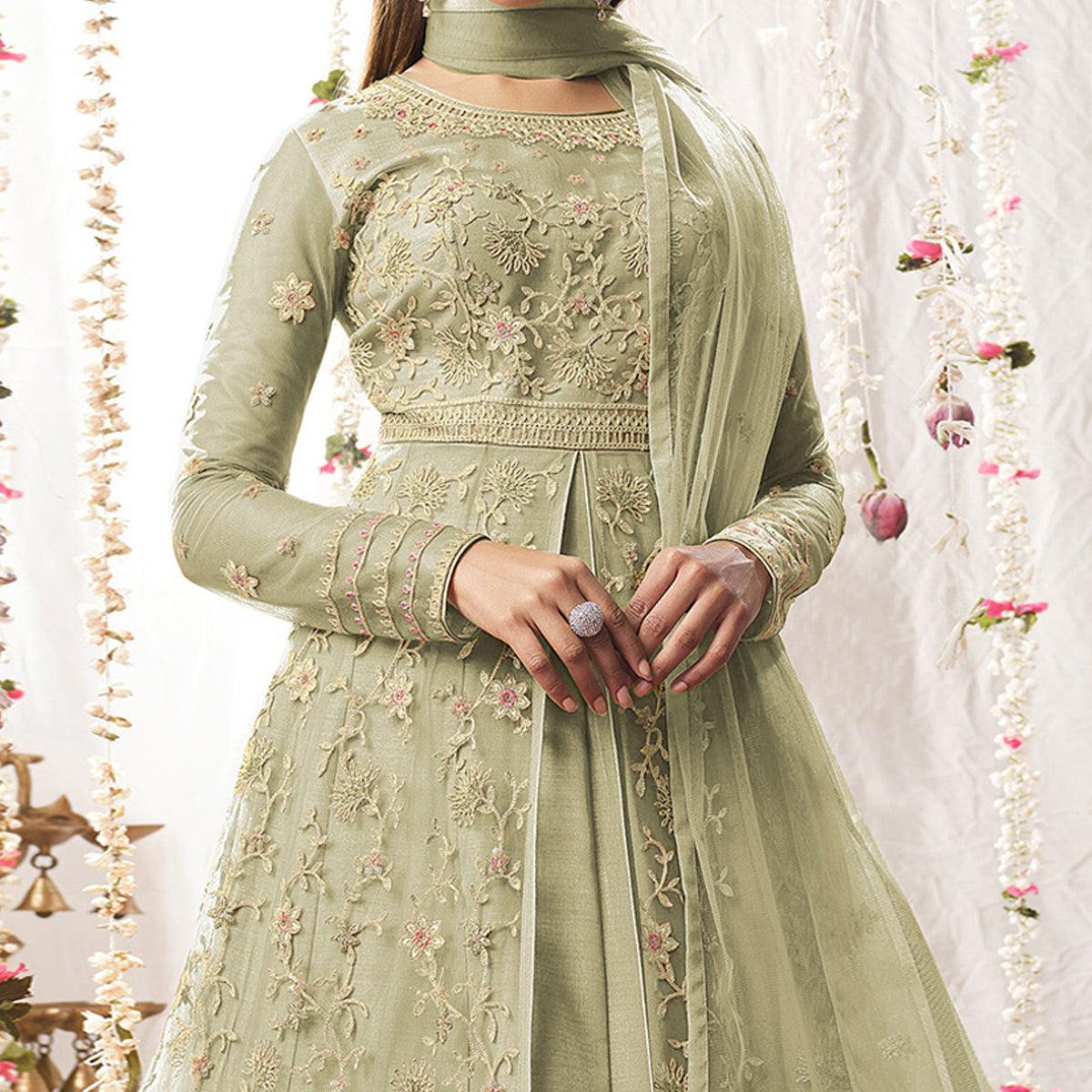 Green Embroidered Netted Anarkali Suit - Peachmode
