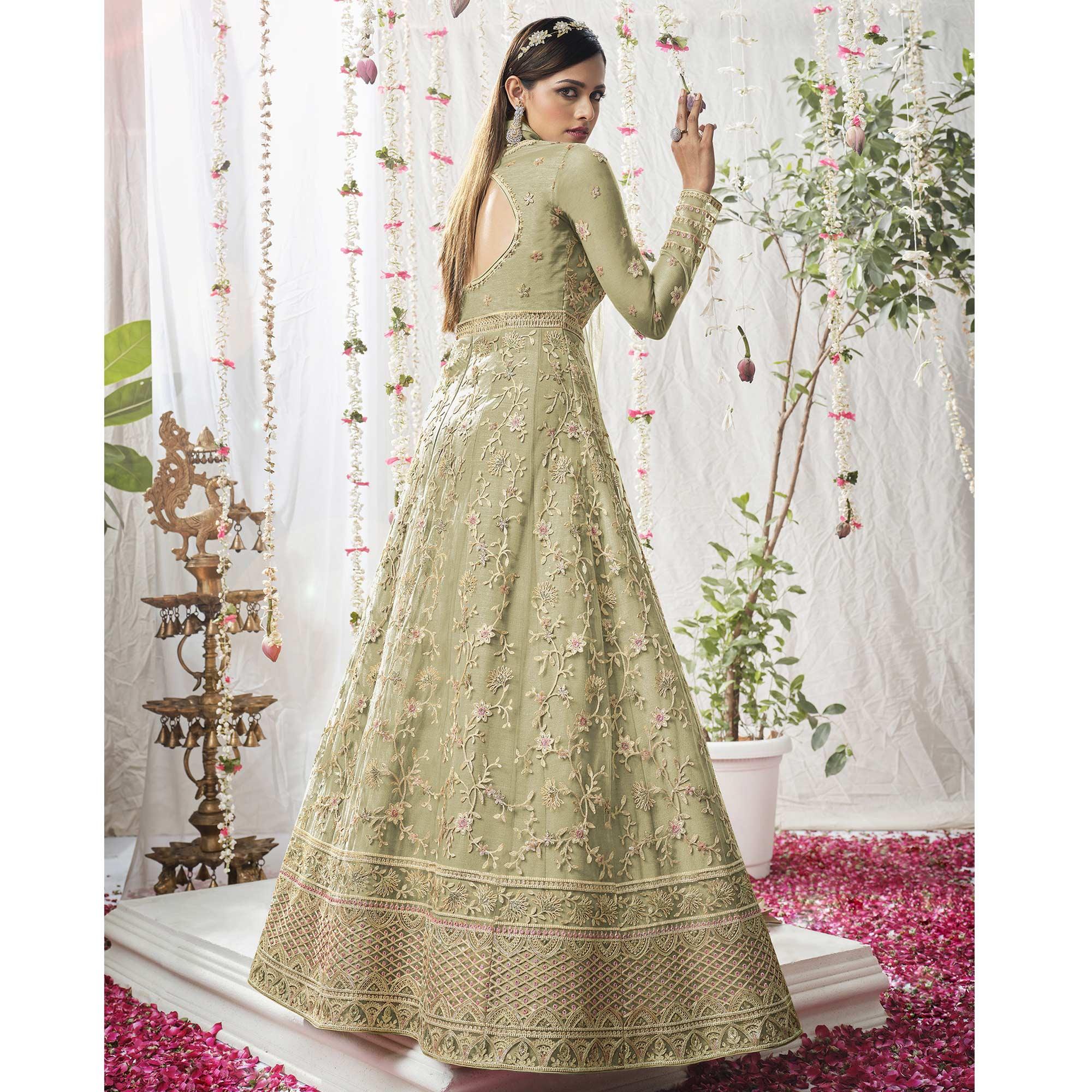Green Embroidered Netted Anarkali Suit - Peachmode