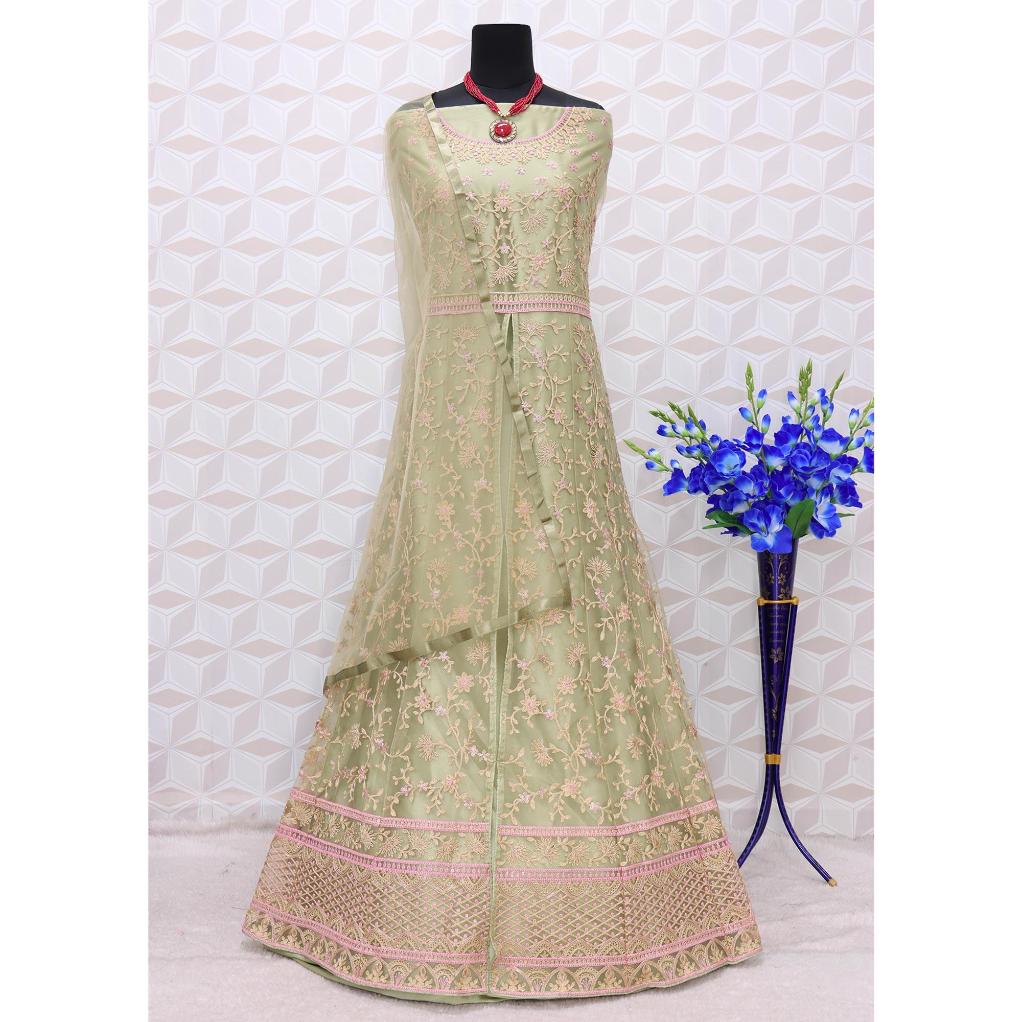 Green Embroidered Netted Anarkali Suit - Peachmode