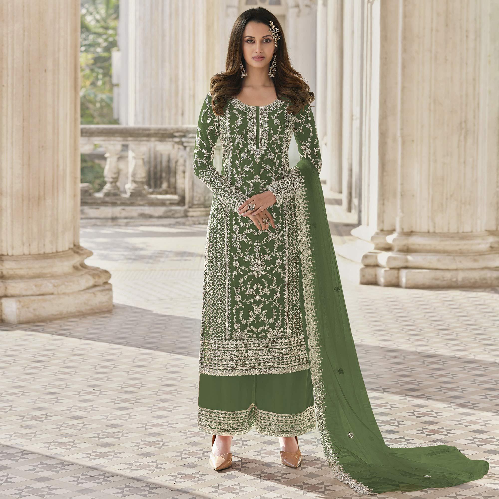 Green Embroidered Netted Palazzo Suit - Peachmode