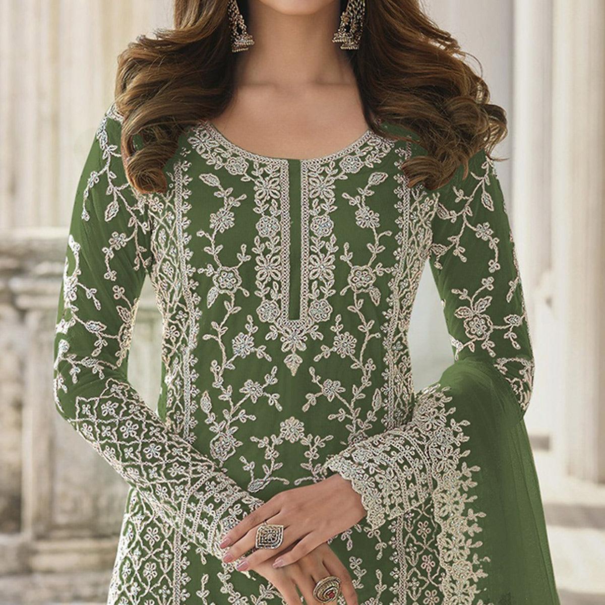Green Embroidered Netted Palazzo Suit - Peachmode