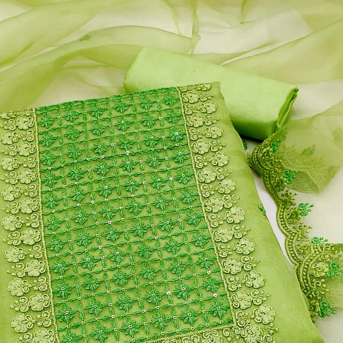 Green Embroidered Organza Dress Material - Peachmode