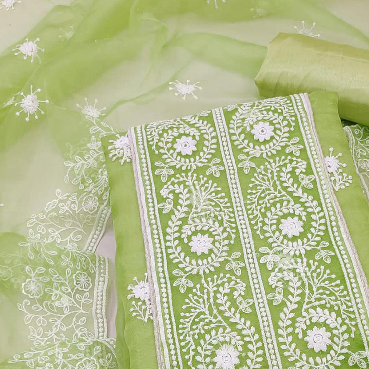Green Embroidered Organza Dress Material - Peachmode