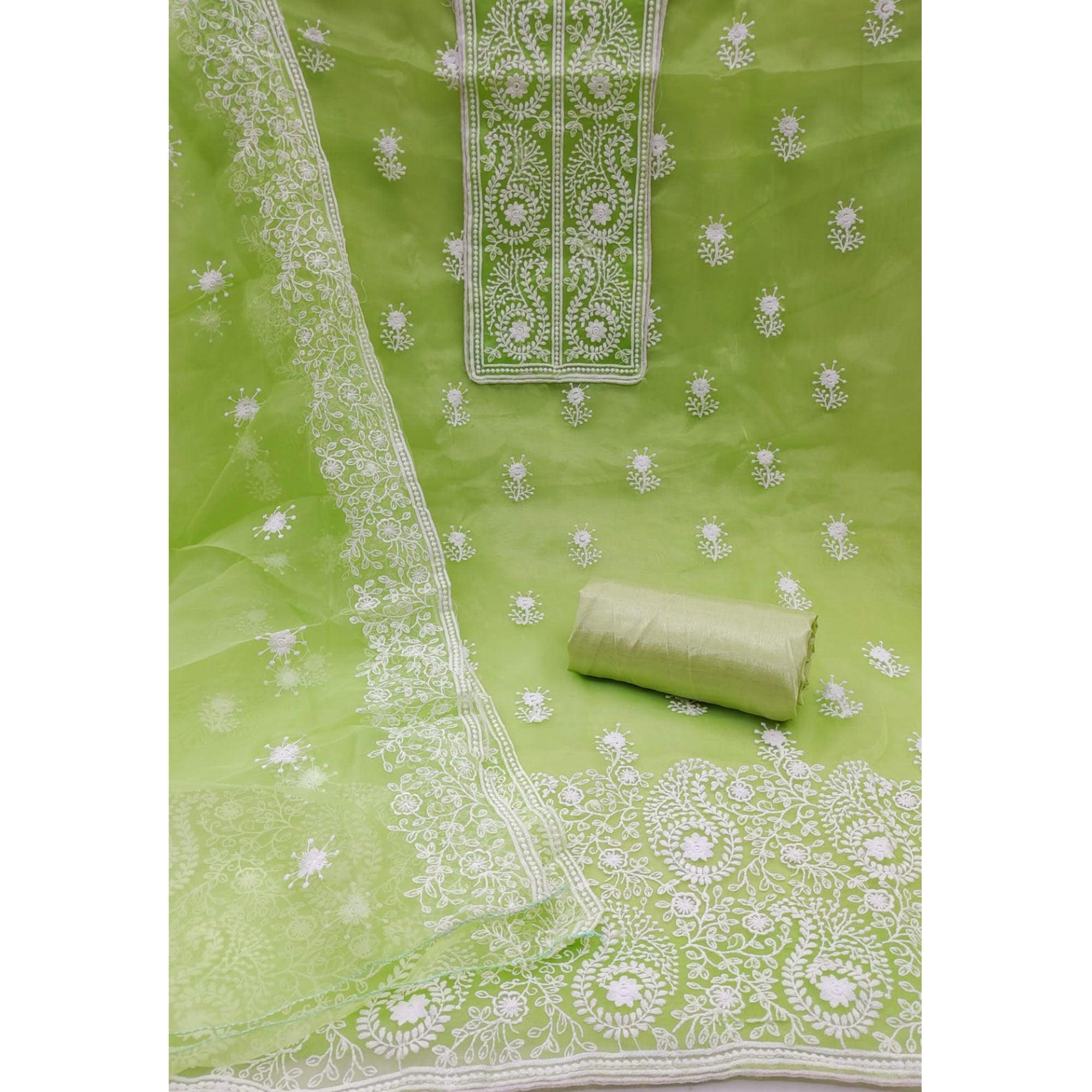 Green Embroidered Organza Dress Material - Peachmode