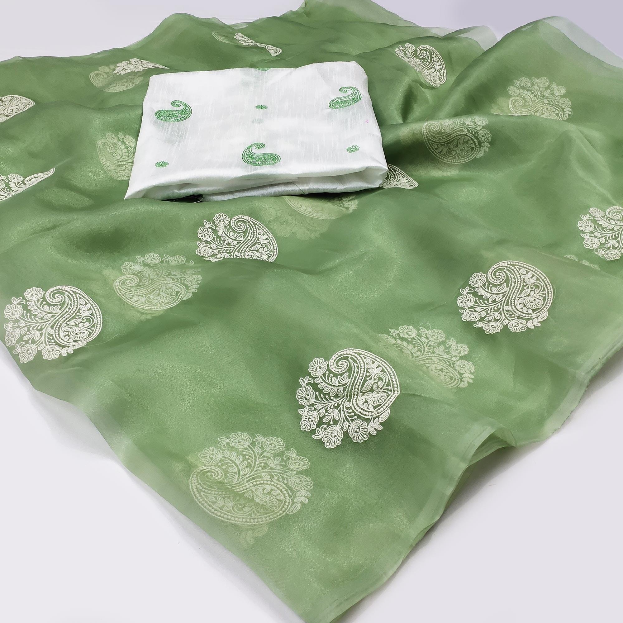 Green Embroidered Organza Saree - Peachmode