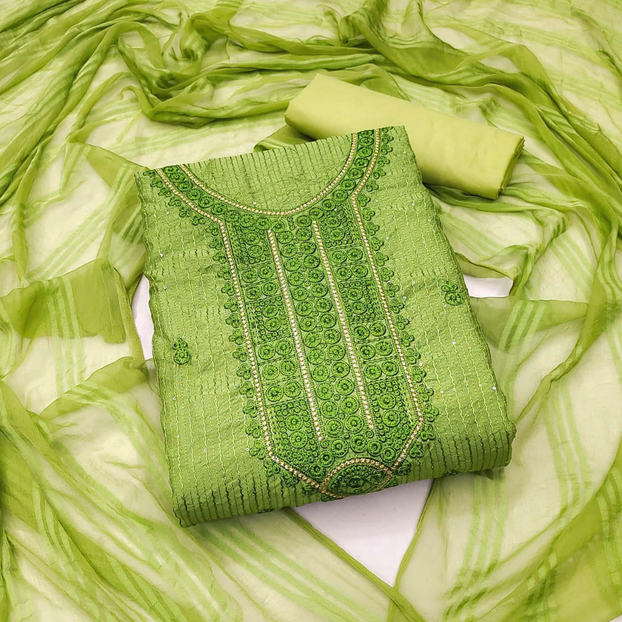 Green Embroidered Poly Cotton Dress Material - Peachmode
