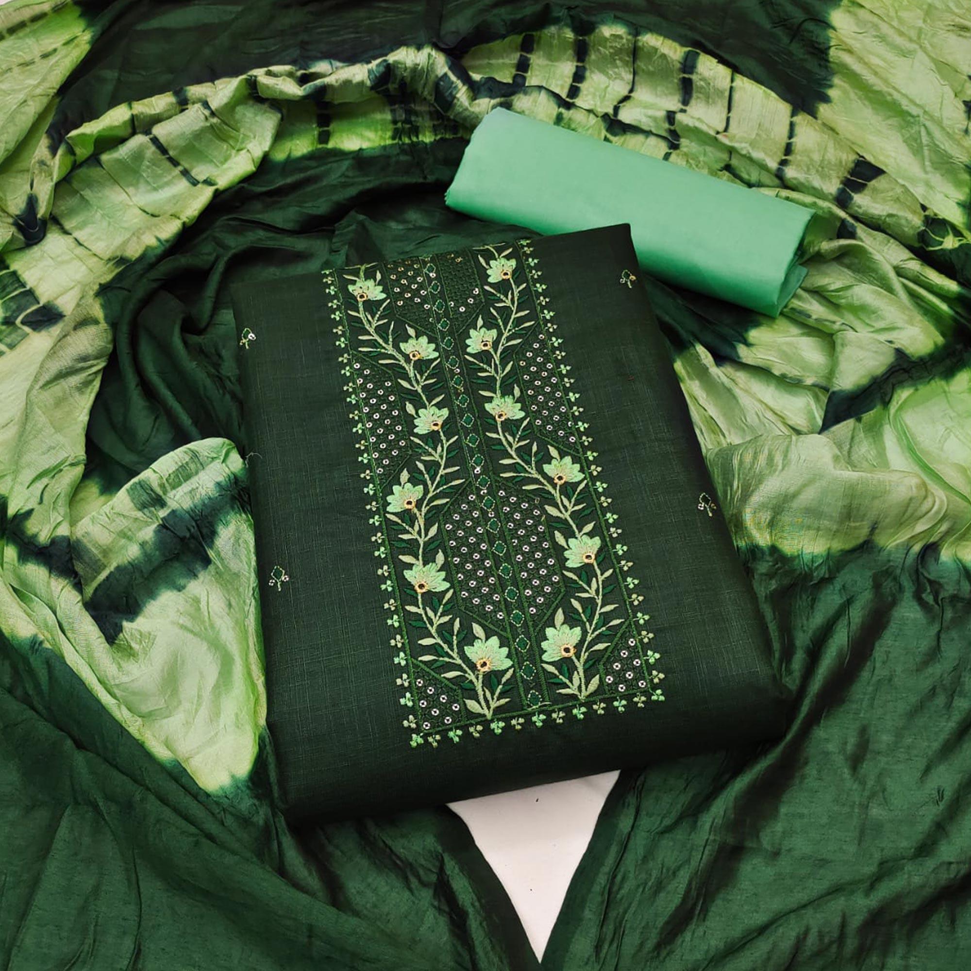 Green Embroidered Poly Cotton Dress Material - Peachmode