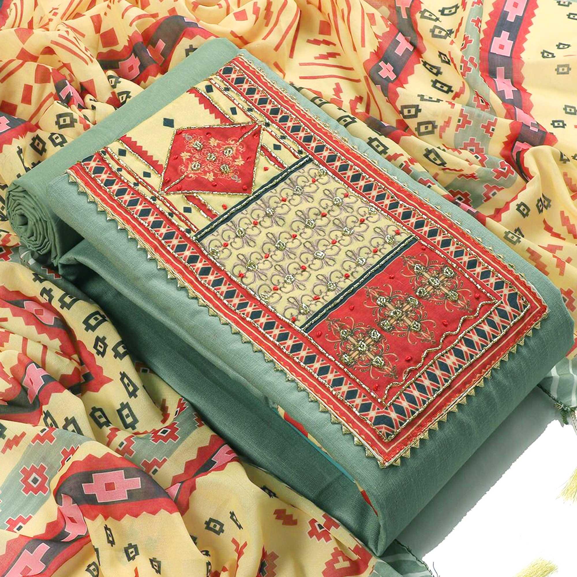 Green Embroidered Poly Cotton Dress Material - Peachmode