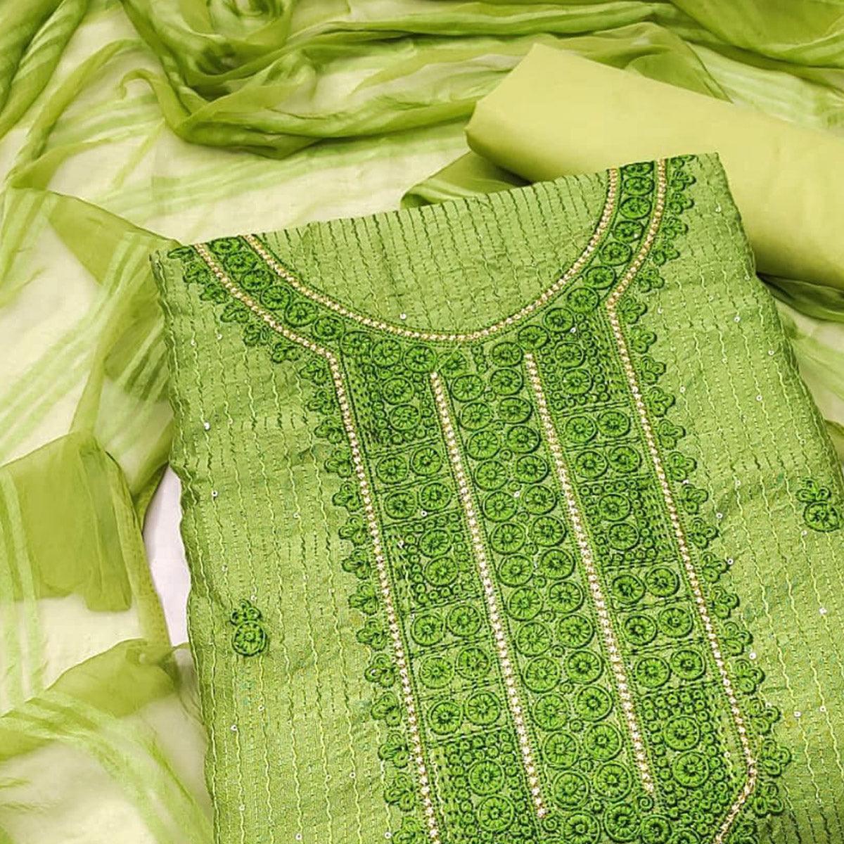 Green Embroidered Poly Cotton Dress Material - Peachmode