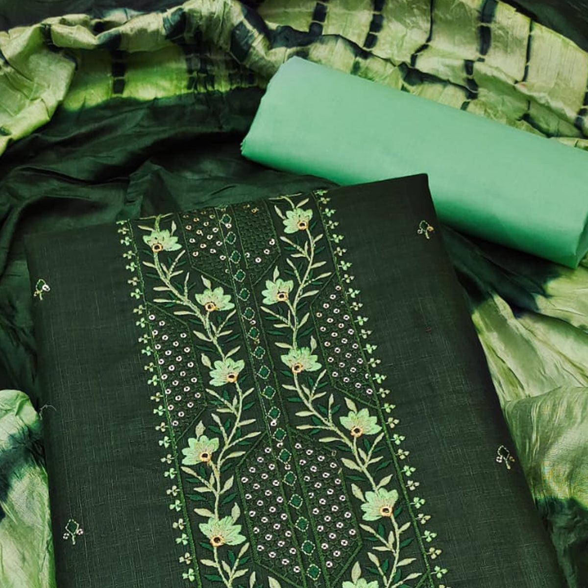 Green Embroidered Poly Cotton Dress Material - Peachmode