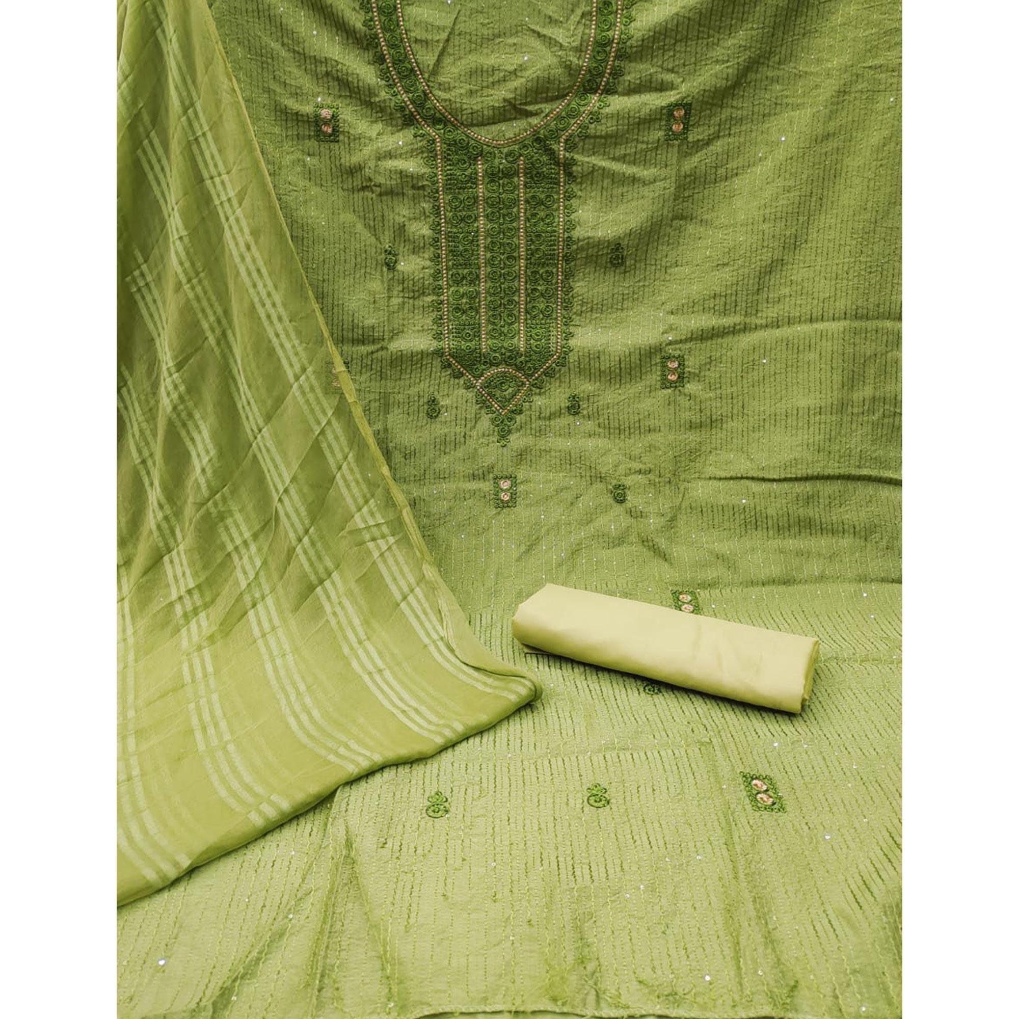 Green Embroidered Poly Cotton Dress Material - Peachmode