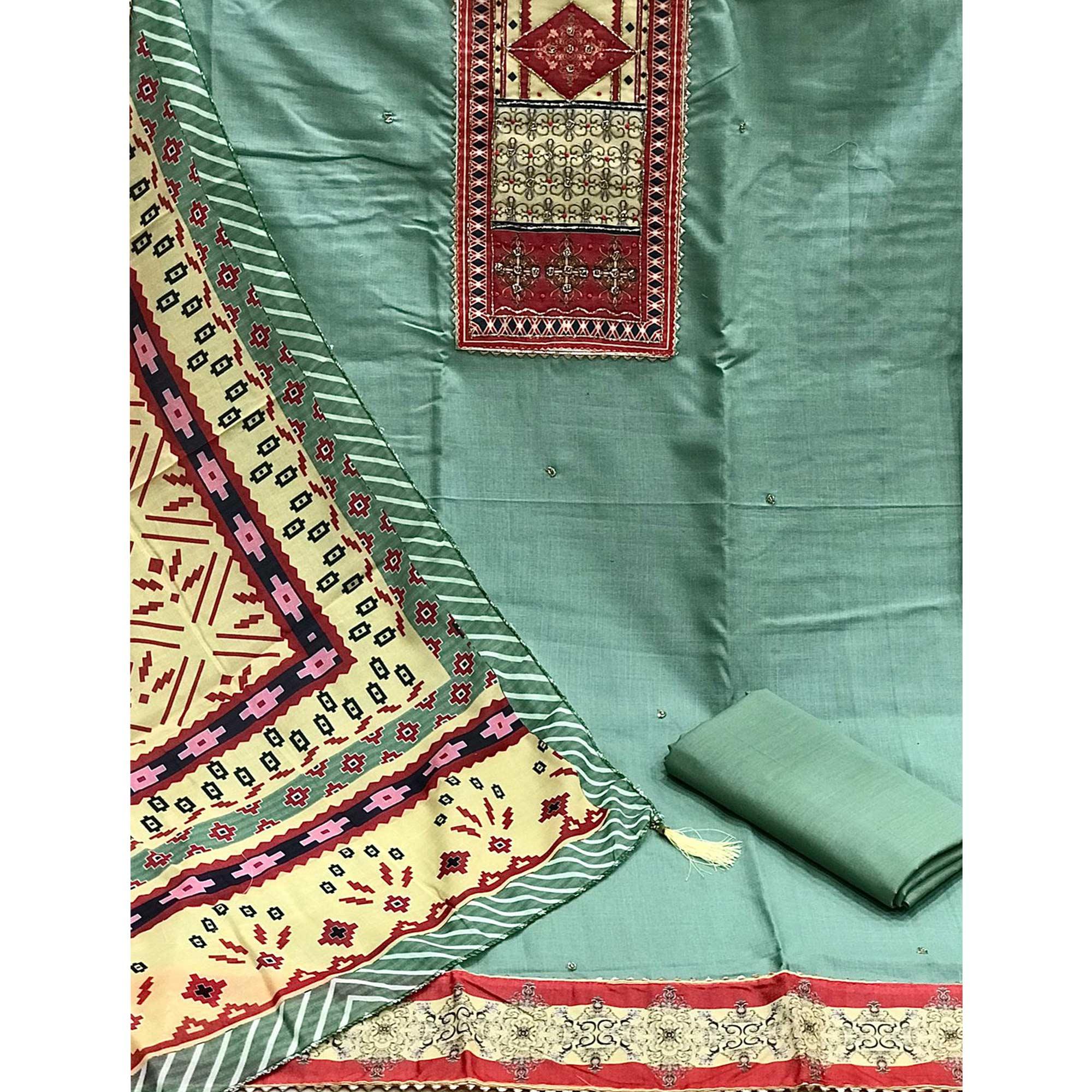 Green Embroidered Poly Cotton Dress Material - Peachmode