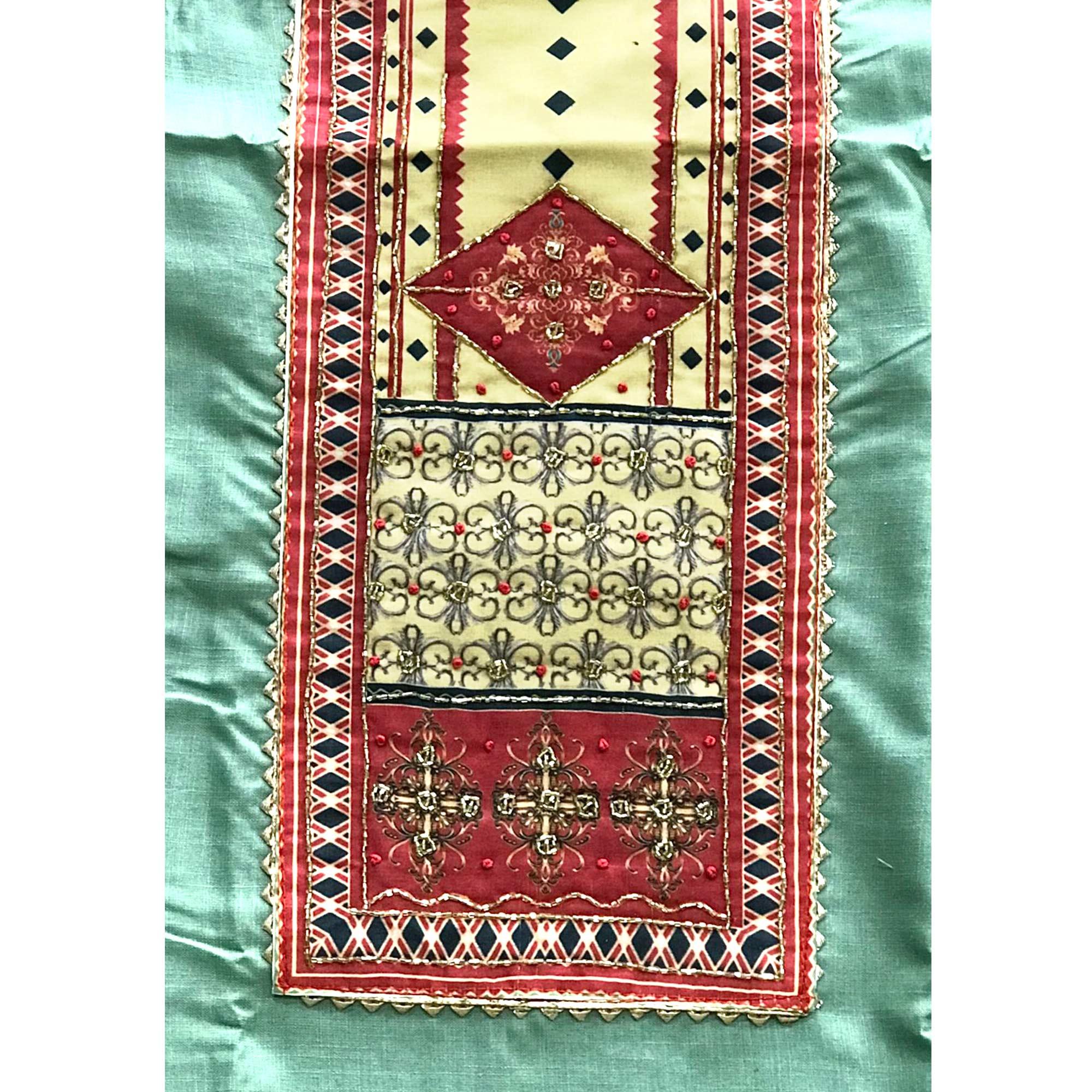Green Embroidered Poly Cotton Dress Material - Peachmode