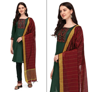 Green Embroidered Poly Cotton Kurti Pant Set - Peachmode