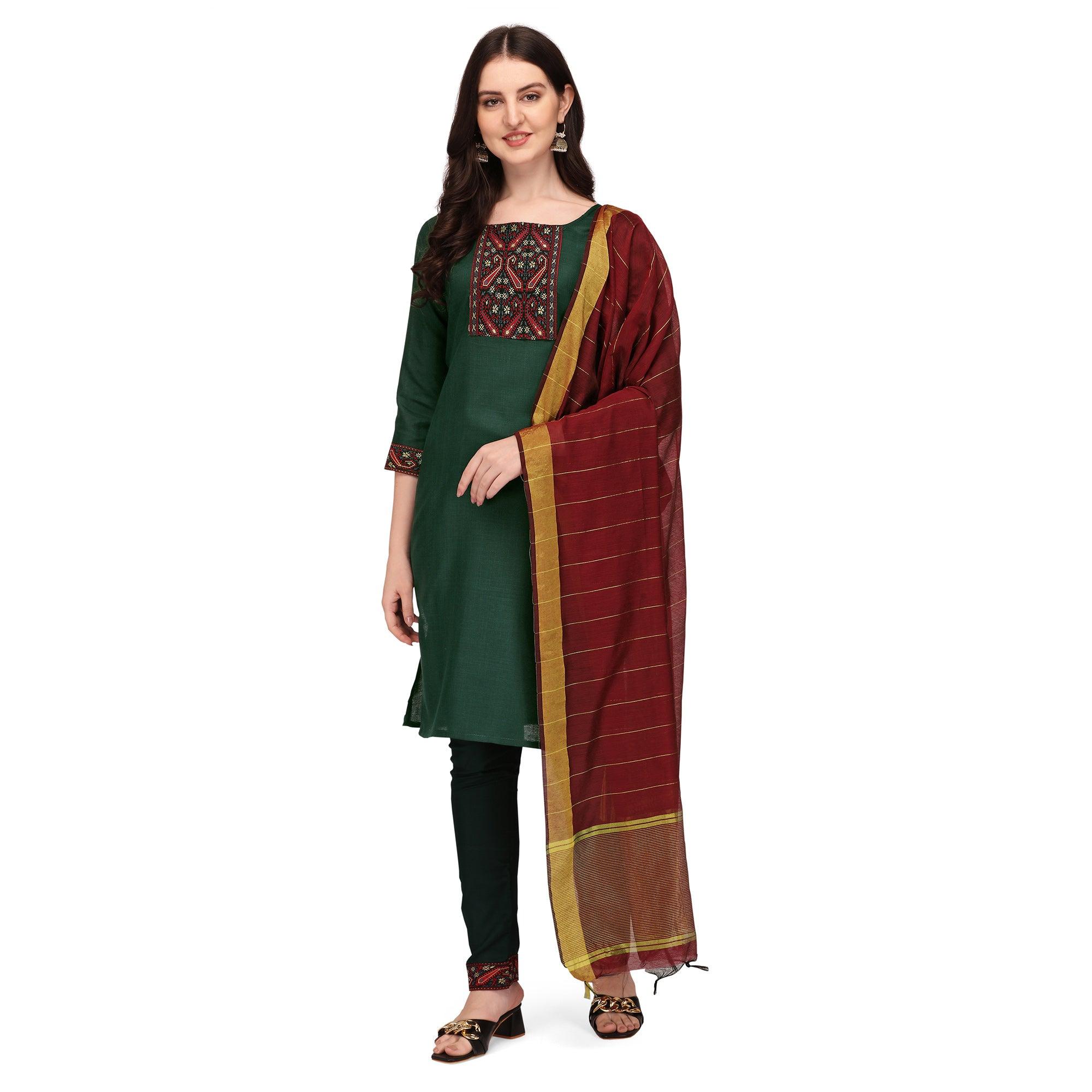 Green Embroidered Poly Cotton Kurti Pant Set - Peachmode