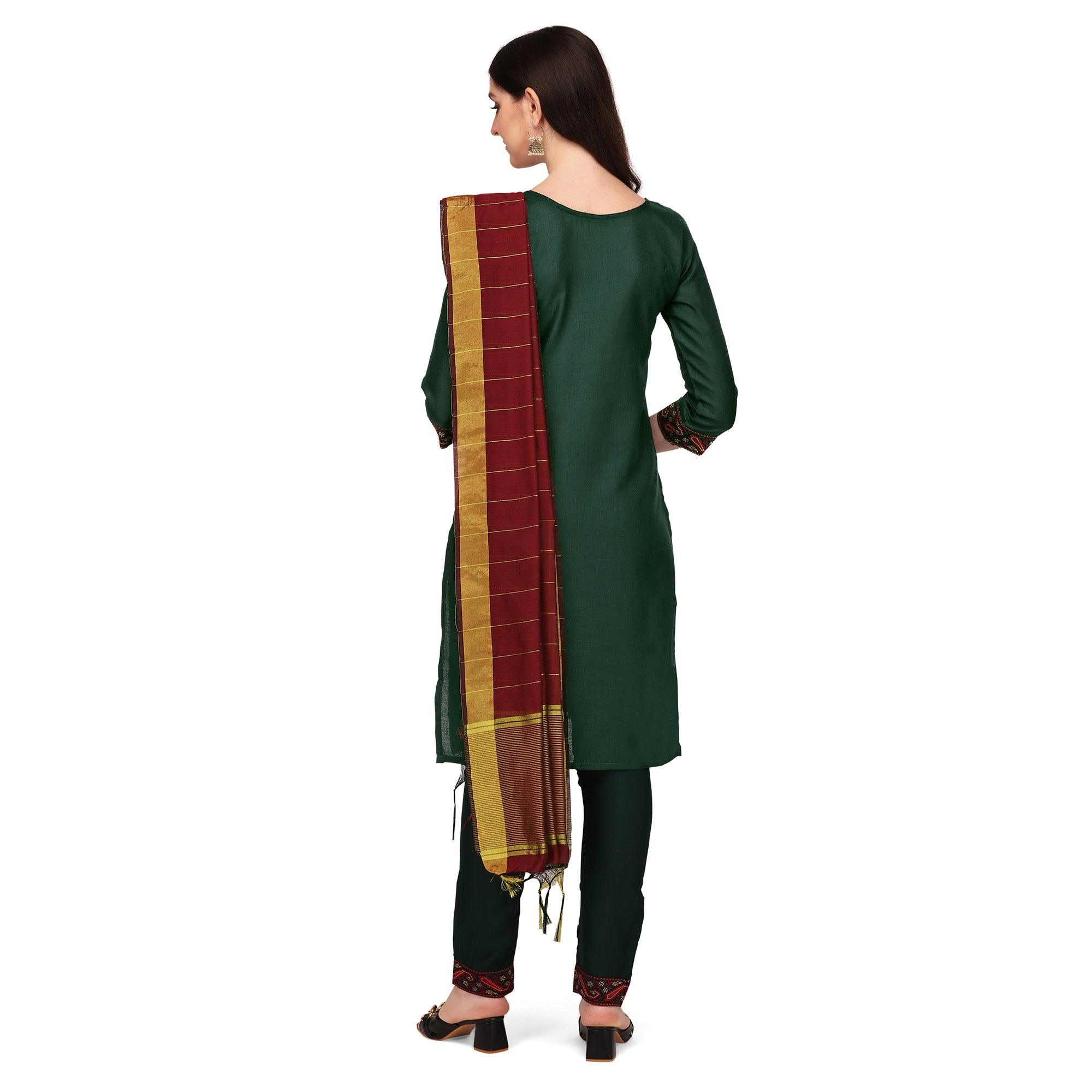 Green Embroidered Poly Cotton Kurti Pant Set - Peachmode