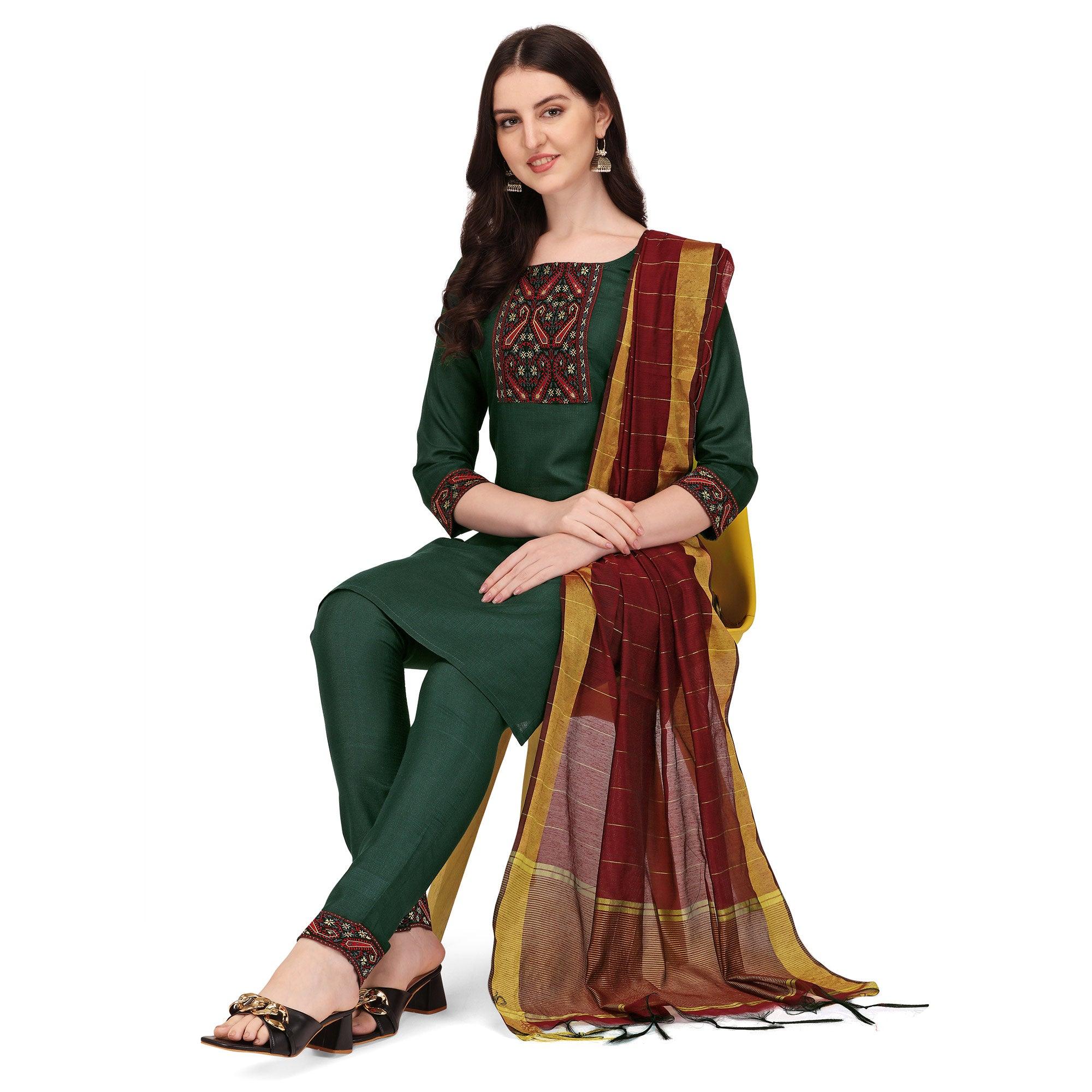 Green Embroidered Poly Cotton Kurti Pant Set - Peachmode