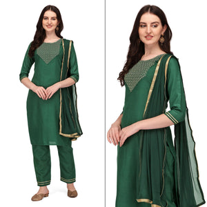 Green Embroidered Poly Cotton Kurti Pant Set With Dupatta - Peachmode