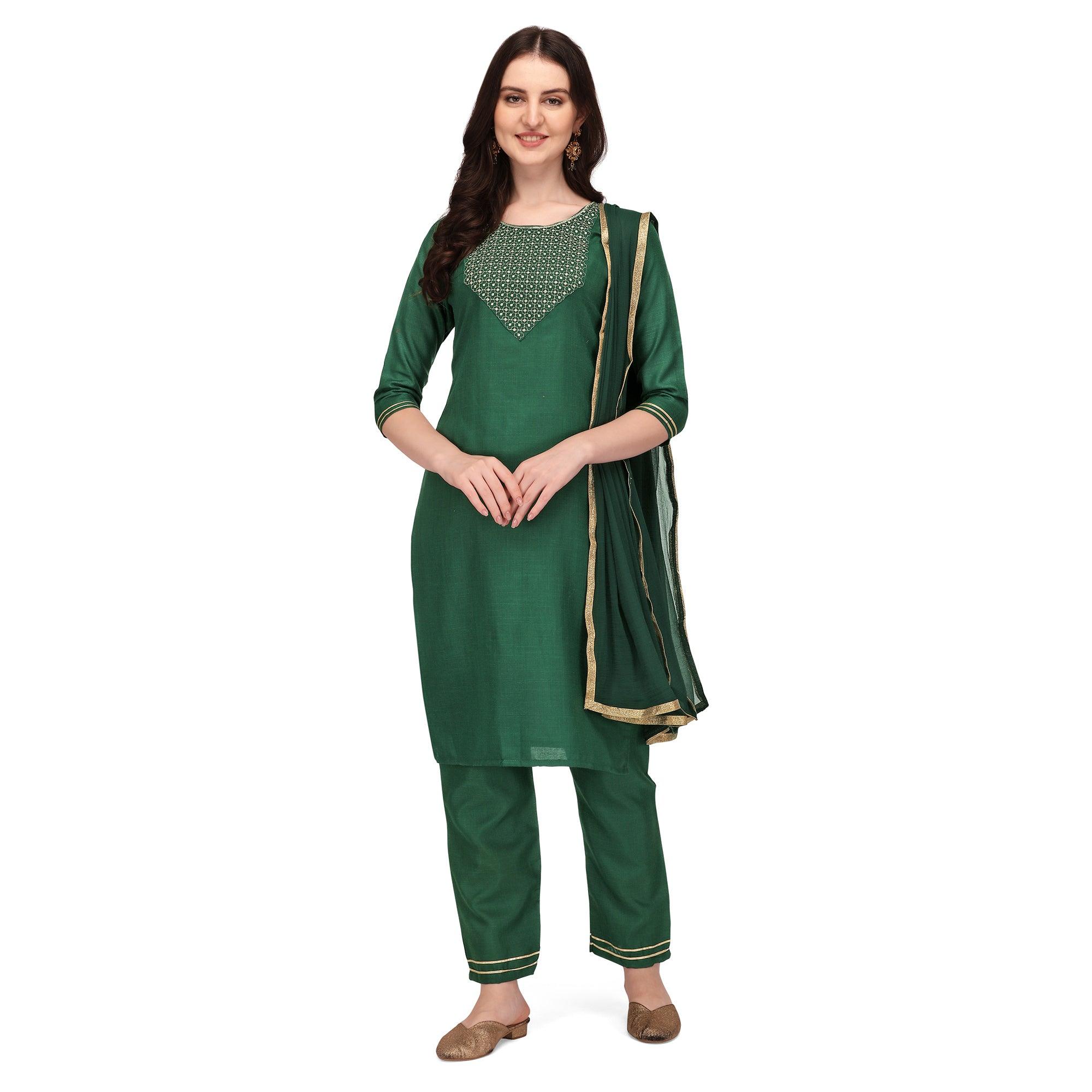 Green Embroidered Poly Cotton Kurti Pant Set With Dupatta - Peachmode