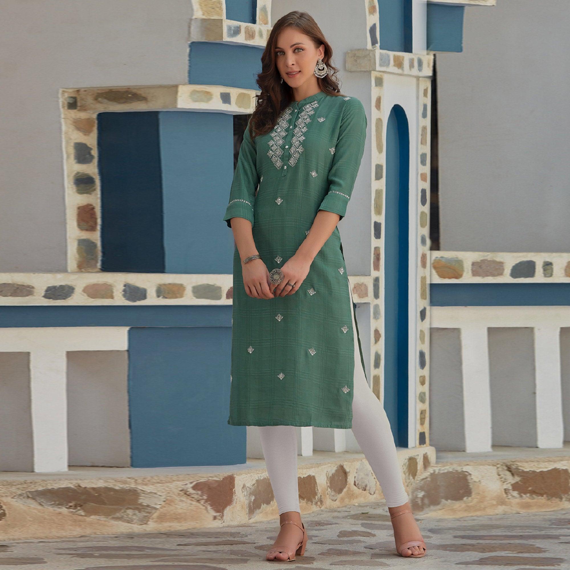 Green Embroidered Poly Cotton Kurti - Peachmode
