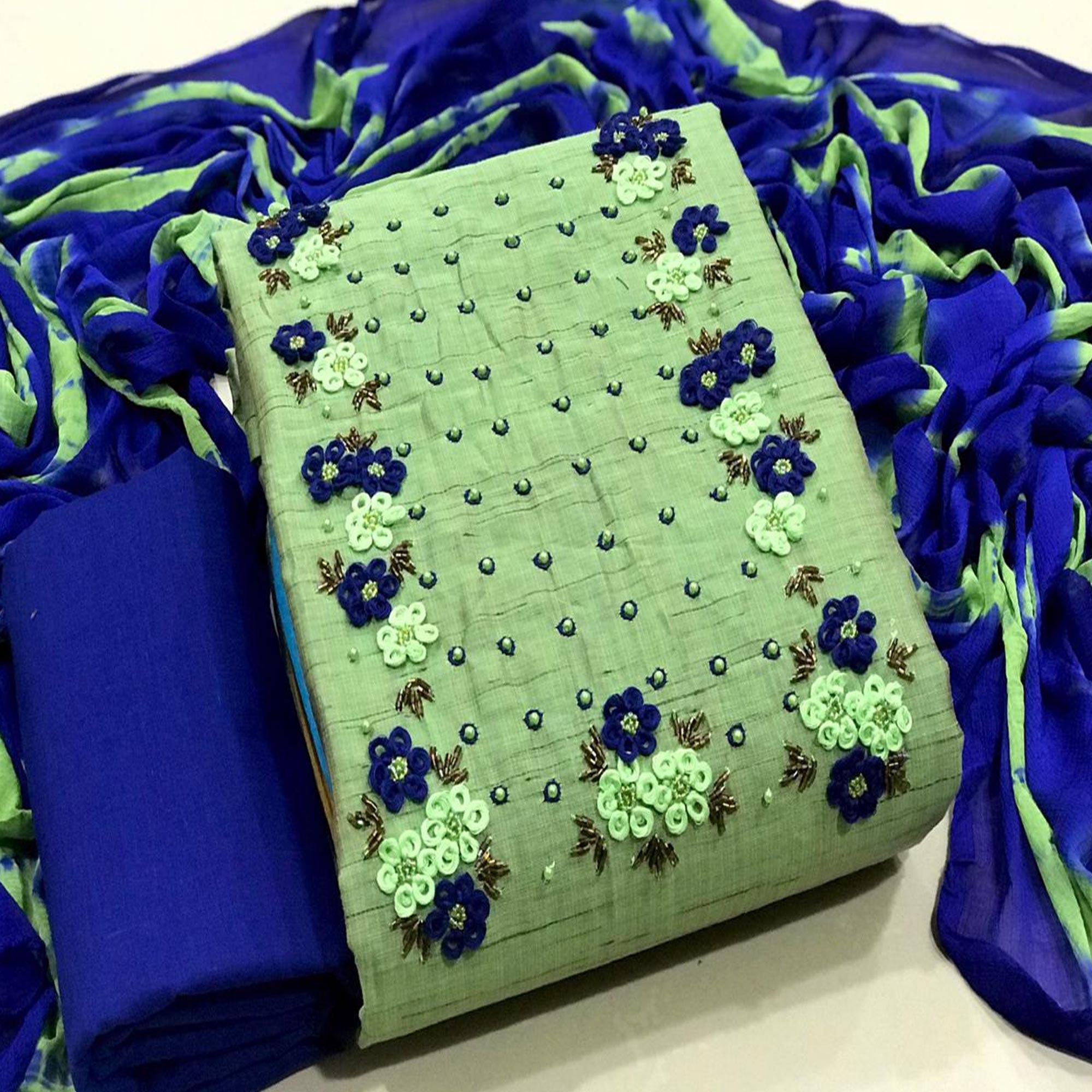 Green Embroidered Pure Cotton Dress Material - Peachmode