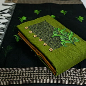 Green Embroidered Pure Cotton Dress Material - Peachmode
