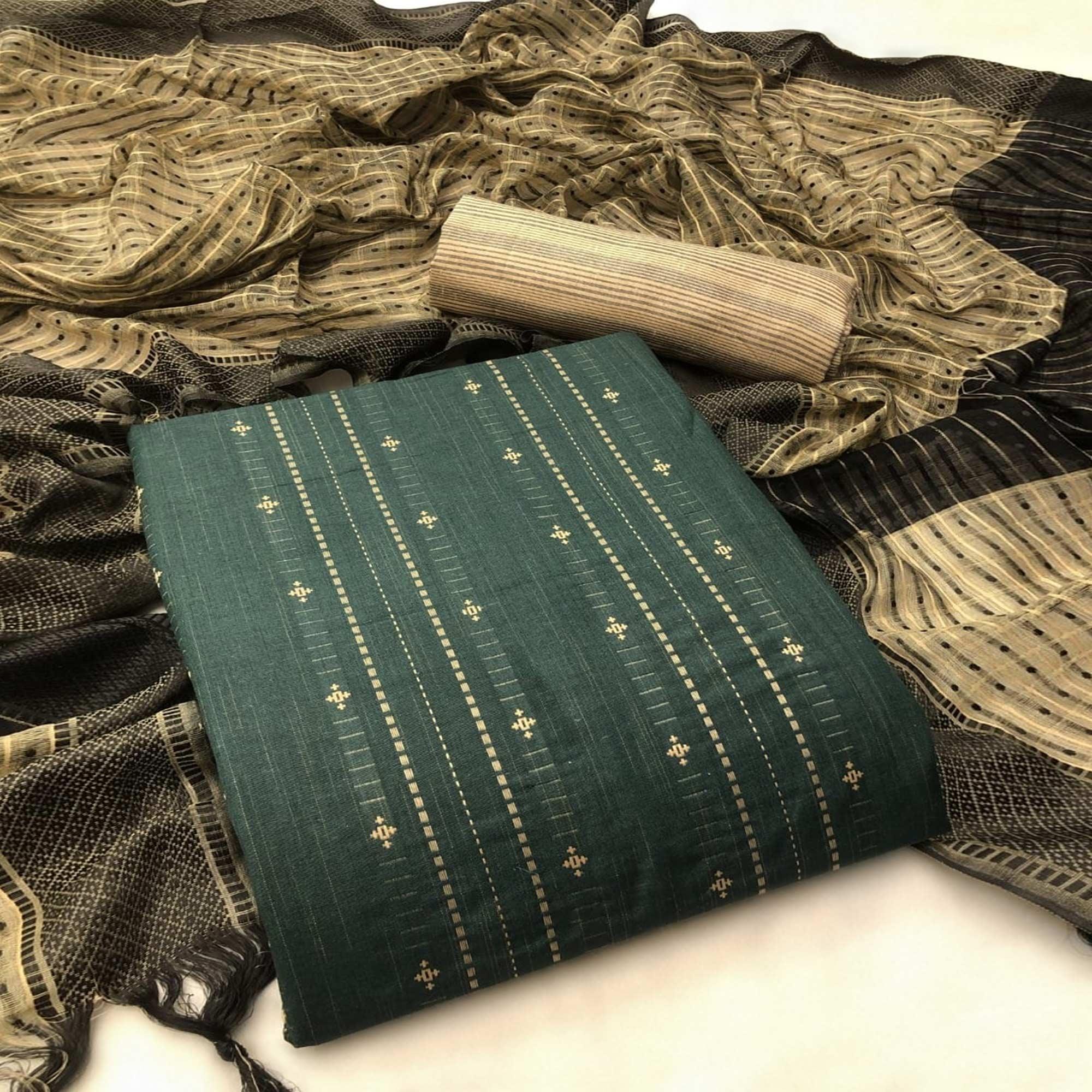 Green Embroidered Pure Cotton Dress Material - Peachmode