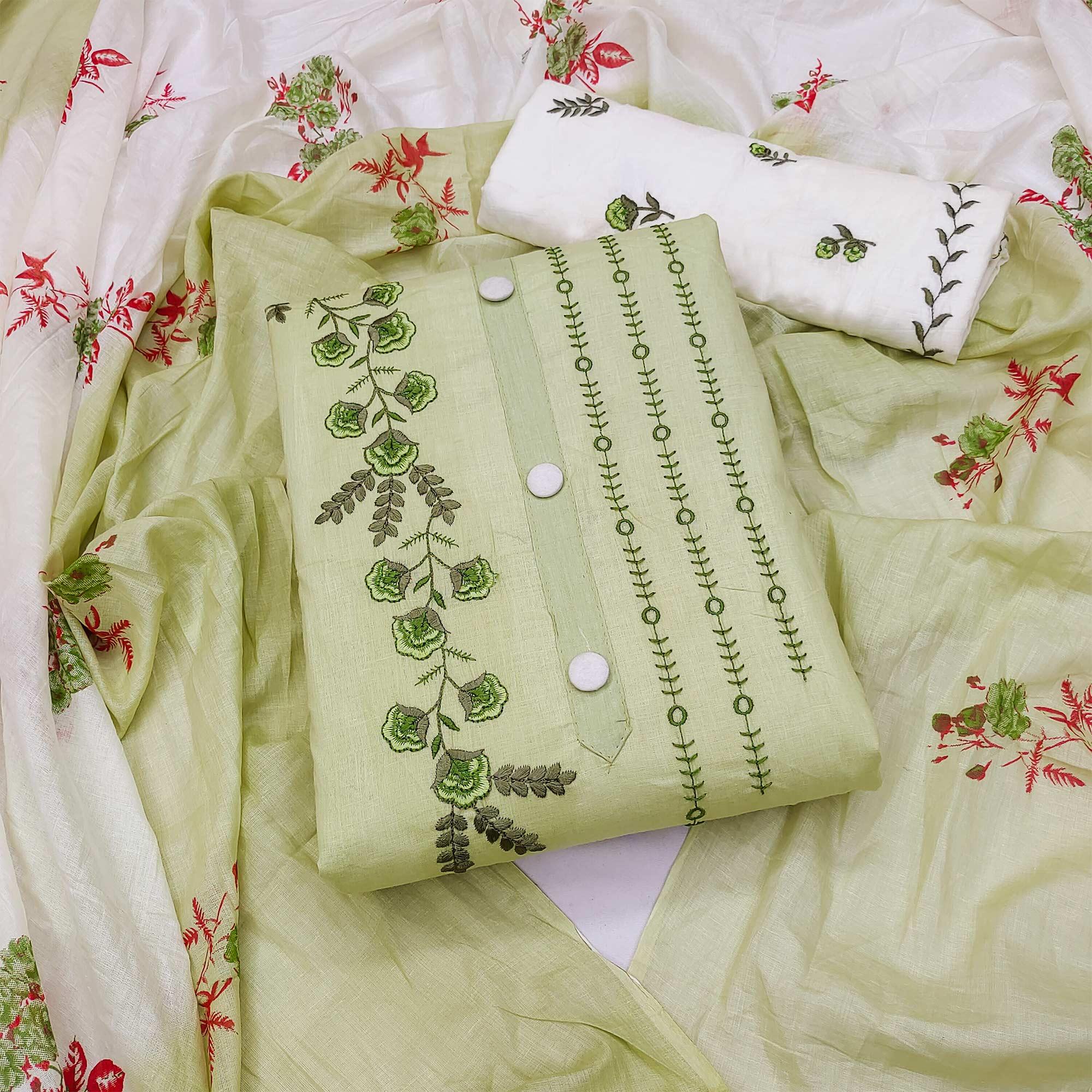 Green Embroidered Pure Cotton Dress Material - Peachmode