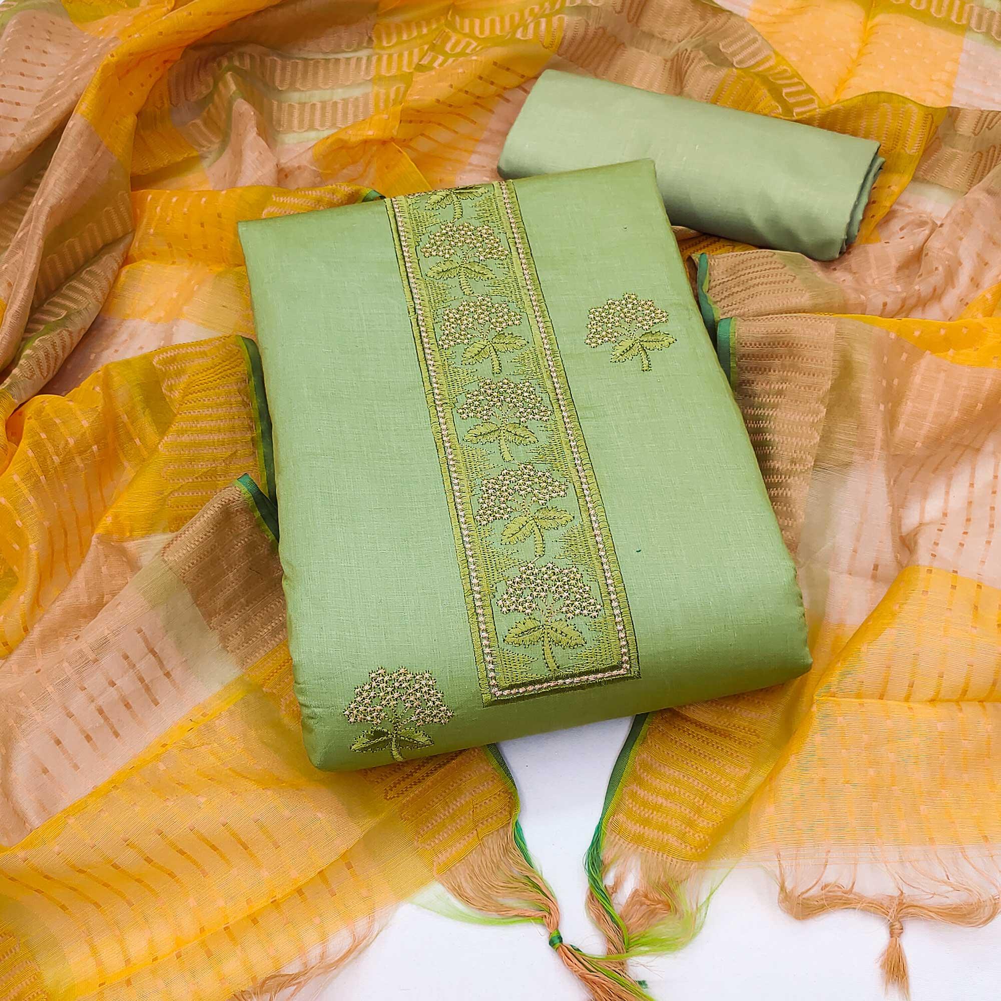 Green Embroidered Pure Cotton Dress Material - Peachmode