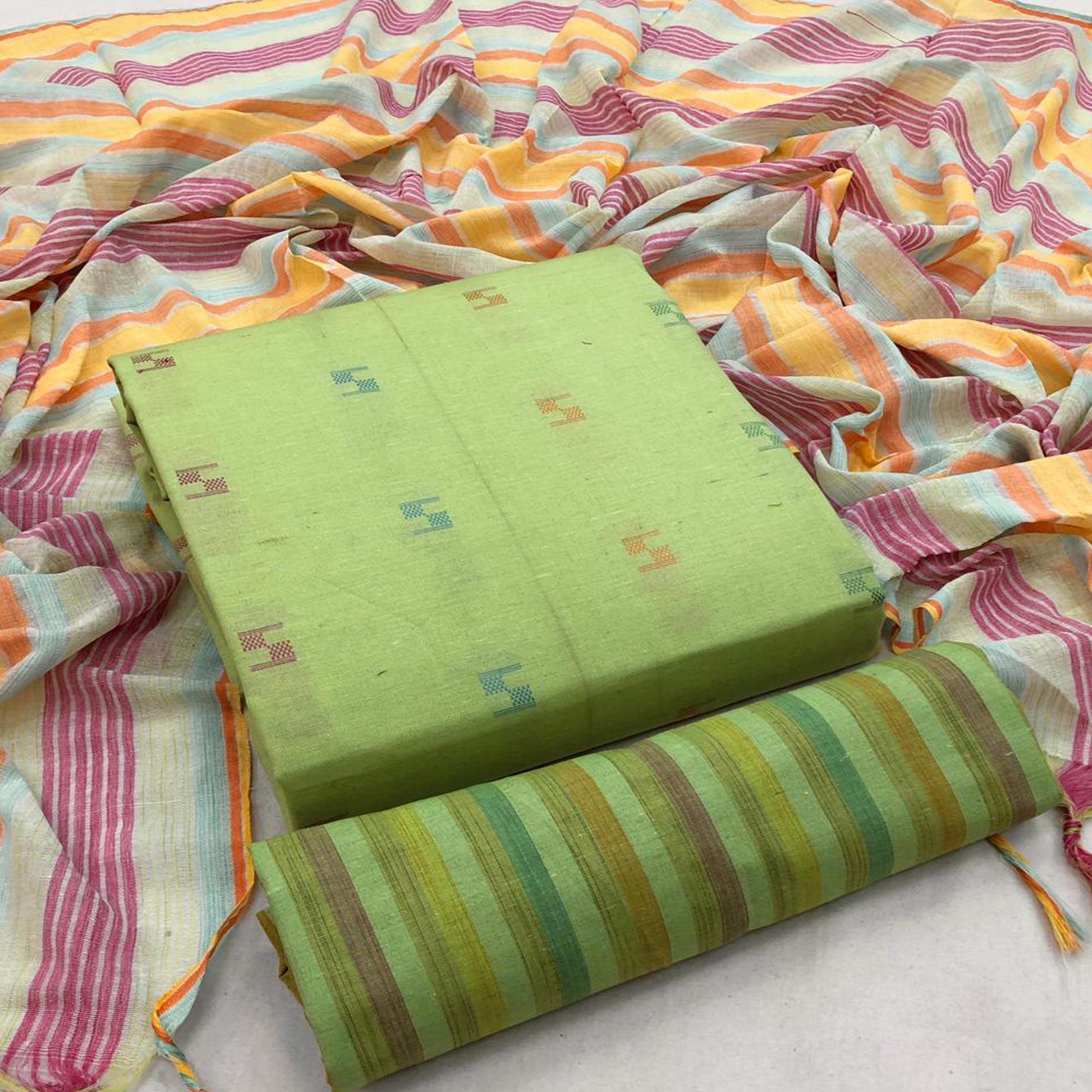 Green Embroidered Pure Cotton Dress Material - Peachmode
