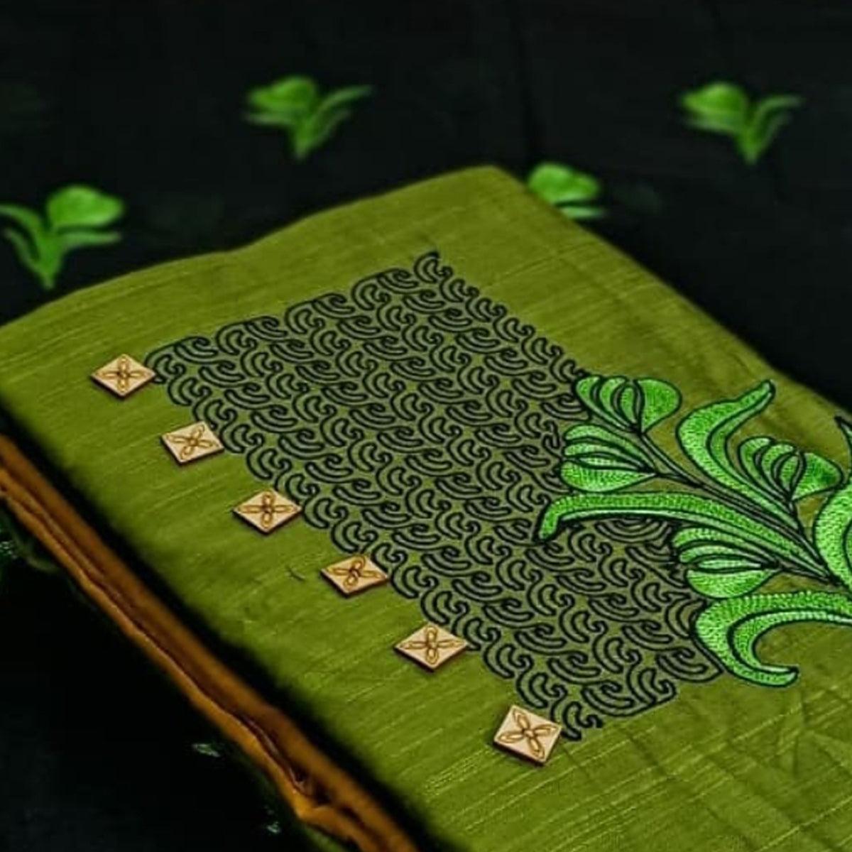 Green Embroidered Pure Cotton Dress Material - Peachmode