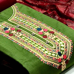 Green Embroidered Pure Cotton Dress Material - Peachmode